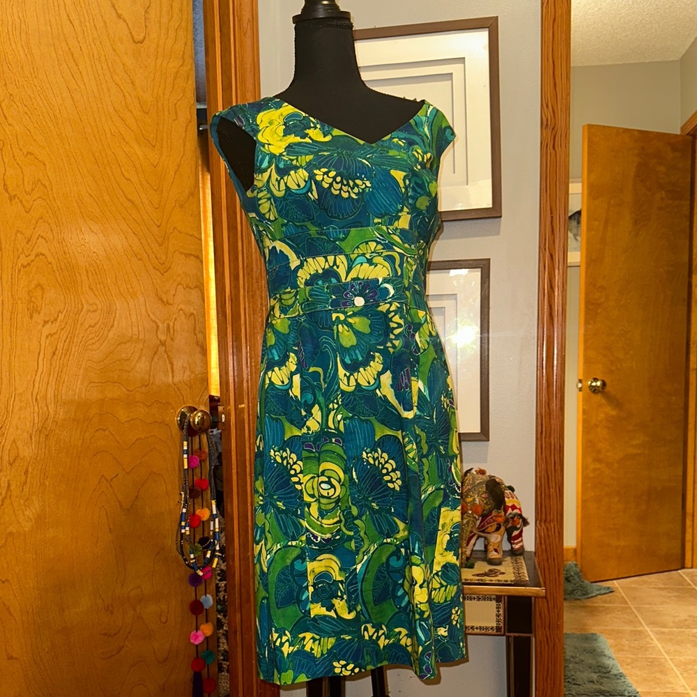 Evan Picone One Shoulder Blue and Yellow Dress